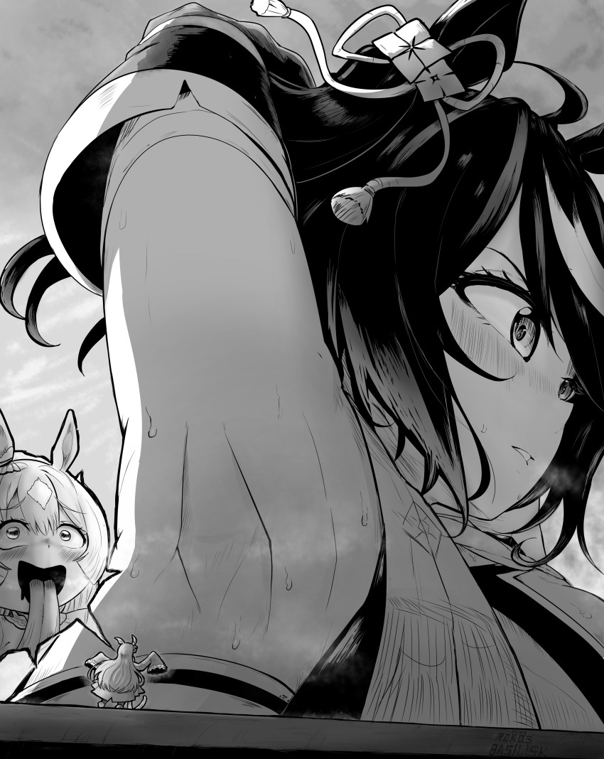 2girls :d :p absurdres animal_ears armpits arms_up bigigts blush breasts commentary curtained_hair detached_sleeves dress drooling english_commentary full_body giant giantess greyscale hair_between_eyes hair_ornament highres horse_ears horse_girl kitasan_black_(crowning_ooban)_(umamusume) kitasan_black_(umamusume) large_breasts long_hair long_sleeves looking_ahead looking_at_another looking_up medium_hair monochrome mouth_drool multicolored_hair multiple_girls open_mouth satono_diamond_(natural_brilliance)_(umamusume) satono_diamond_(umamusume) sleeves_past_fingers sleeves_past_wrists smile speech_bubble streaked_hair sweat tassel tassel_hair_ornament tongue tongue_out two-tone_hair umamusume very_sweaty wide_sleeves