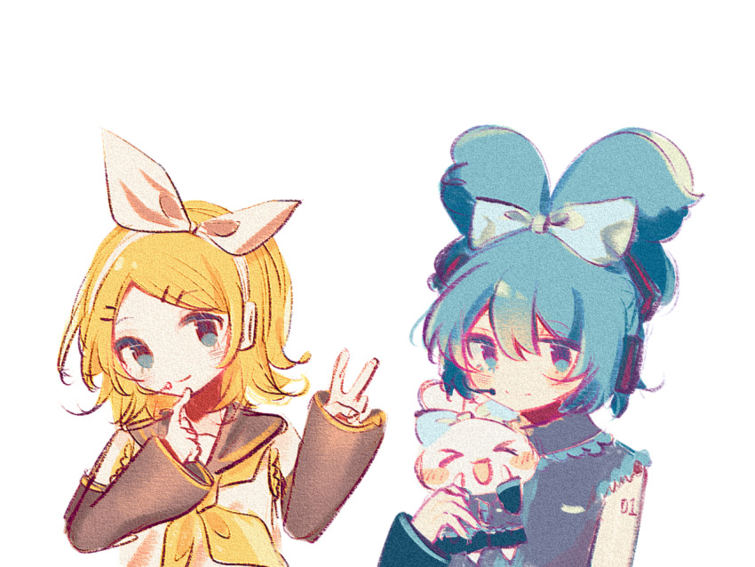 &gt;_&lt; 2girls arm_at_side bare_shoulders blonde_hair blue_bow blue_eyes blue_hair blue_nails blue_trim bow chinese_commentary cinnamiku cinnamoroll closed_mouth commentary_request detached_sleeves double-parted_bangs film_grain finger_to_own_chin flipped_hair folded_twintails frilled_shirt frilled_shirt_collar frills fuwa_fuwa_cinnamoroll grey_sailor_collar grey_shirt grey_sleeves hair_between_eyes hair_bow hair_ornament hatsune_miku headphones headset holding kagamine_rin kingguzi long_sleeves looking_at_viewer multiple_girls nail_polish neckerchief no_nose no_pupils number_tattoo parted_bangs sailor_collar sanrio shirt short_hair shoulder_tattoo simple_background sleeveless sleeveless_shirt smile tattoo upper_body v vocaloid white_background white_bow white_shirt yellow_neckerchief yellow_trim