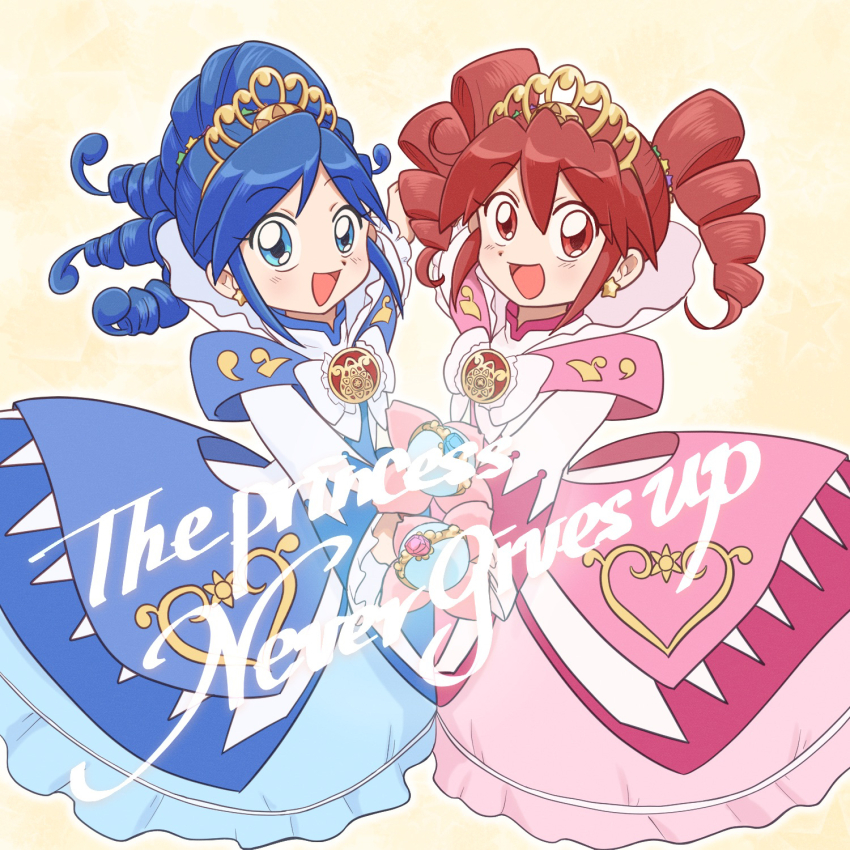 2girls :d arm_up blue_dress blue_eyes blue_hair blush bow chest_bow commentary crest curly_hair dress dress_bow drill_hair earrings english_text fine_(futagohime) fine_(prominence_dress_up)_(futagohime) frilled_sleeves frills fushigiboshi_no_futago_hime gold_tiara gown hair_between_eyes hair_ornament heart heart_print high_collar highres hinoki_(91011) holding holding_hands holding_wand jewelry long_hair long_sleeves looking_at_viewer magical_girl matching_outfits medallion multiple_girls open_mouth pink_dress red_eyes red_hair rein_(futagohime) rein_(prominence_dress_up)_(futagohime) ringlets siblings side-by-side sisters smile star_(symbol) star_earrings star_hair_ornament sun_print supportasse tiara twin_drills twins two-tone_dress wand white_bow white_dress wide_sleeves yellow_background