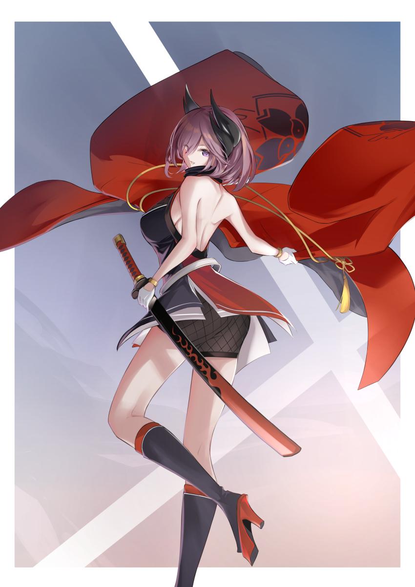 1girl absurdres ass azur_lane backless_outfit bare_shoulders black_boots boots breasts commentary_request foot_out_of_frame from_side gloves hair_between_eyes half_gloves high_heels highres kirishima_(azur_lane) large_breasts looking_at_viewer medium_hair purple_eyes purple_hair ryosuke1225 sakura_empire_(emblem) sheath sheathed solo standing standing_on_one_leg white_gloves