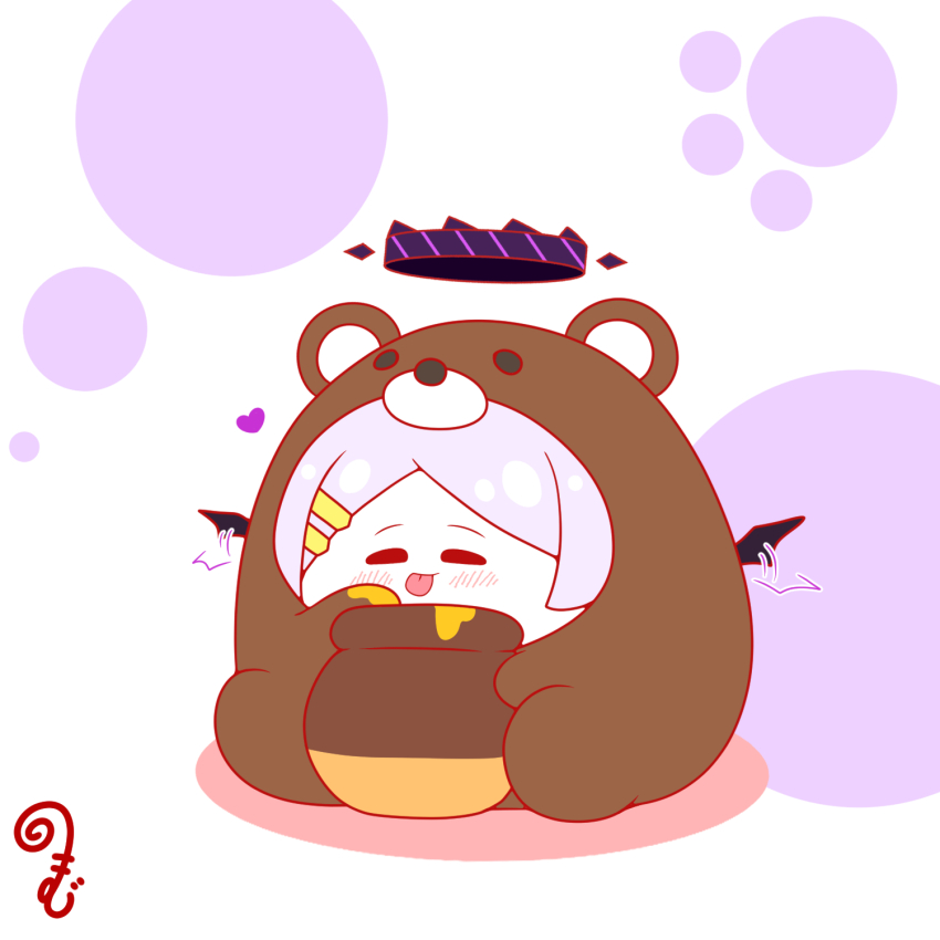 afterimage animal_costume animal_ears bear_costume bear_ears black_wings blue_archive blush chibi closed_eyes closed_mouth colored_shadow fake_animal_ears flapping grey_hair hair_ornament hairclip halo highres hina_(blue_archive) honey honeypot kurukurumagical parted_bangs shadow single_hair_intake sitting solo tongue tongue_out white_background wings