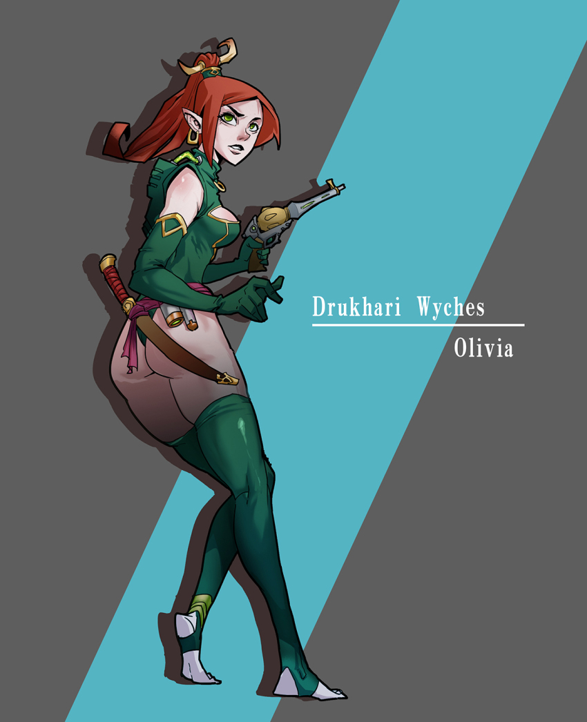 1girl ass breasts cleavage_cutout clothing_cutout colored_skin dagger dark_eldar earrings elbow_gloves elf full_body gloves green_eyes green_gloves green_leotard green_thighhighs grey_background grey_skin gun handgun highres holding holding_gun holding_weapon jewelry knife leotard long_hair medium_breasts orange_hair parted_lips pointy_ears rmulderz sheath sheathed sideboob soles solo standing stirrup_legwear thighhighs toeless_legwear toes warhammer_40k weapon zettai_ryouiki