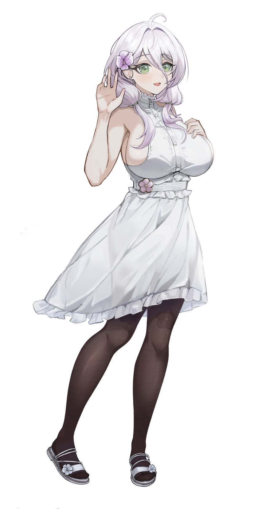 1girl :d absurdres ahoge bare_arms bare_shoulders breasts brown_pantyhose commentary_request dress flower full_body green_eyes grey_hair grey_sandals hair_between_eyes hair_flower hair_intakes hair_ornament hair_over_shoulder highres korean_commentary large_breasts long_hair low_twintails open_mouth original pantyhose purple_flower sandals sideboob simple_background sleeveless sleeveless_dress smile solo standing twintails white_background white_dress ysoa26