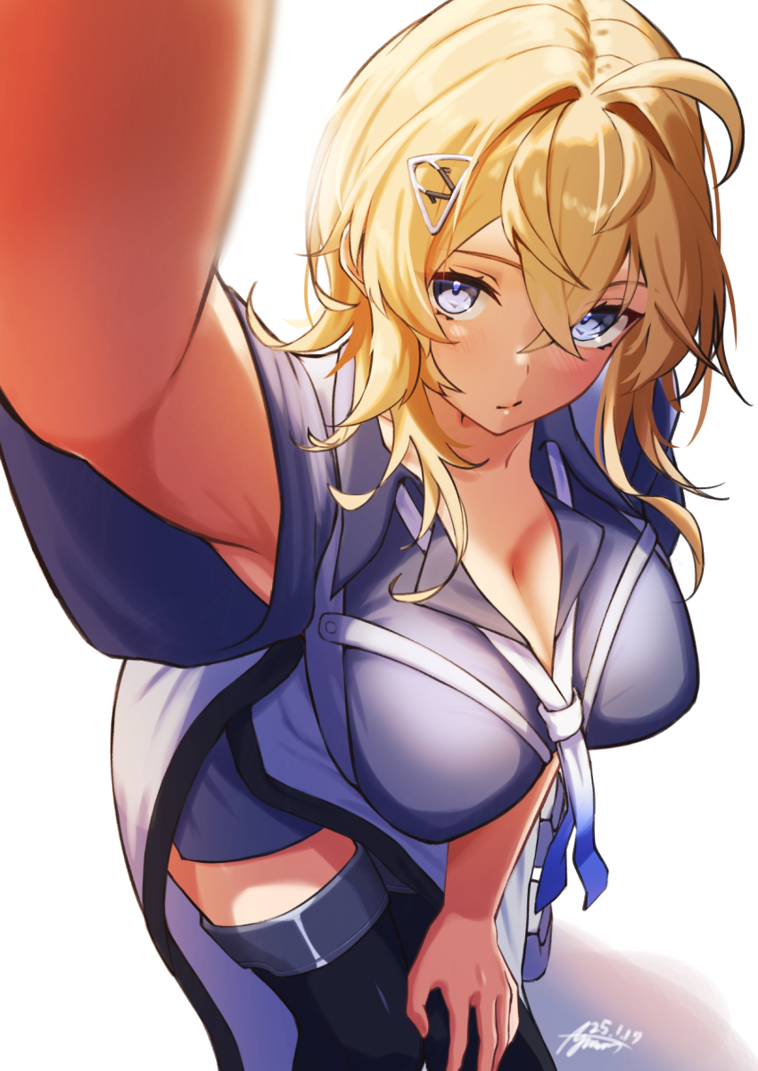 1girl ayuman black_thighhighs blonde_hair blue_eyes blue_neckerchief blue_shirt blush breasts cleavage collared_shirt cowboy_shot dated denim denim_skirt gloves gradient_neckerchief gradient_necktie hair_between_eyes hair_ornament hairclip handcuff_dangle highres kantai_collection large_breasts looking_at_viewer medium_hair multicolored_gloves neckerchief necktie overskirt shirt signature simple_background skirt solo thighhighs tuscaloosa_(kancolle) two-tone_gloves white_background white_gloves