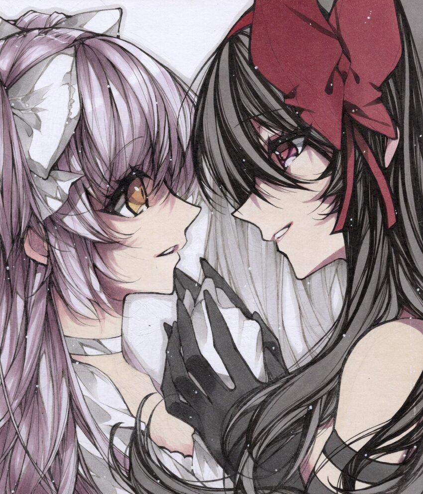 2girls absurdres akemi_homura akuma_homura black_gloves black_hair bow choker gloves hair_bow hashtag-only_commentary highres holding_hands kaname_madoka looking_at_another mahou_shoujo_madoka_magica mahou_shoujo_madoka_magica:_hangyaku_no_monogatari marker_(medium) misteor multiple_girls pink_hair red_bow smile traditional_media ultimate_madoka white_bow white_choker white_gloves yellow_eyes