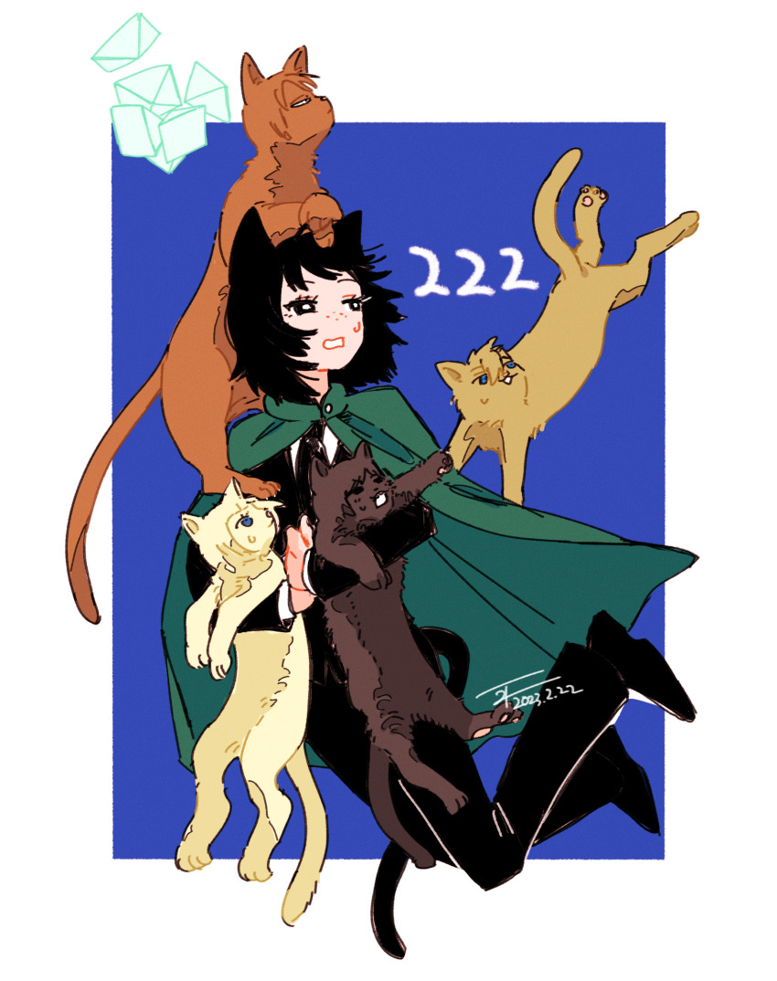 1girl absurdres animal animal_ears animal_on_head animalization annoyed black_hair blue_background cat cat_day cat_ears cat_girl cat_on_head cat_tail cloak cube falling formal_clothes freckles green_cloak hatohara_mirai highres hiyami_aki holding holding_animal inukai_sumiharu kemonomimi_mode long_sleeves looking_back looking_up ninomiya_masataka ninomiya_squad&#039;s_uniform on_head reaching scared shoes short_hair suit surprised tail tottokoland tsuji_shinnosuke unamused world_trigger