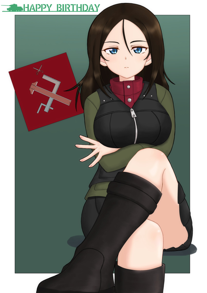 1girl absurdres amanone_yun birthday black_hair black_skirt black_vest blue_eyes closed_mouth crossed_arms crossed_legs emblem english_text girls_und_panzer green_background green_jacket happy_birthday highres jacket light_frown long_hair long_sleeves looking_at_viewer military_uniform miniskirt nonna_(girls_und_panzer) pleated_skirt pravda_(emblem) pravda_military_uniform red_shirt shirt simple_background sitting skirt solo swept_bangs turtleneck vest