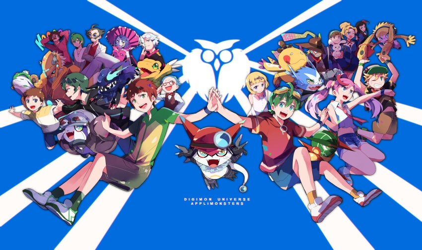 agumon asuka_torajirou bootmon digimon digimon_universe:_appli_monsters dokamon everyone gatchmon glasses hackmon_(appmon) happy kagurazaka_izumi karan_eri kashiki_ai katsura_hajime katsura_rei kibayashi_erena mashiro_arisu minerva_(digimon) musimon navimon_(appmon) offmon ozora_yujin perorimon pink_hair sateramon shinkai_denemon shinkai_haru shinkai_haru&#039;s_mother sleepmon smile twintails unryuji_knight warudamon wato_takeru