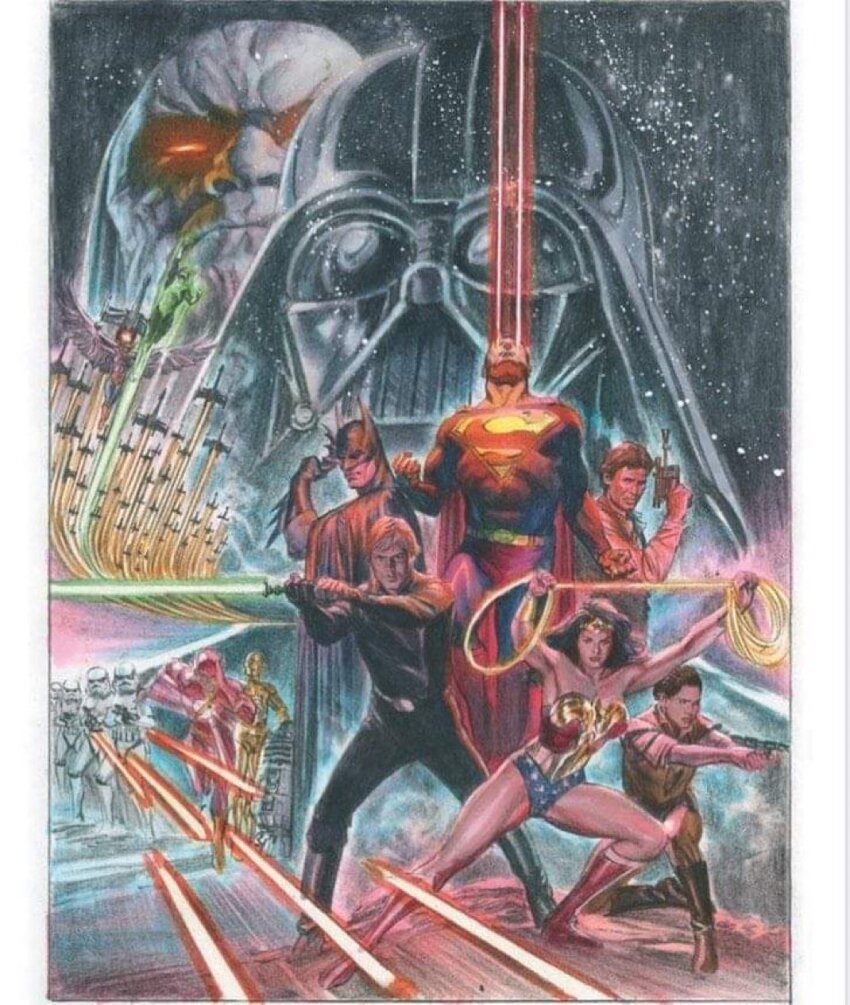 alex_ross batman batman_(series) blue_lightsaber border c-3po cape character_request crossover darkseid darth_vader dc_comics droid energy_sword green_lantern green_lantern_(series) han_solo highres justice_league lightsaber luke_skywalker multiple_boys multiple_girls princess_leia r2-d2 red_cape star_wars stormtrooper superhero_costume superman superman_(series) sword the_flash weapon western_comics_(style) white_border wonder_woman wonder_woman_(series)