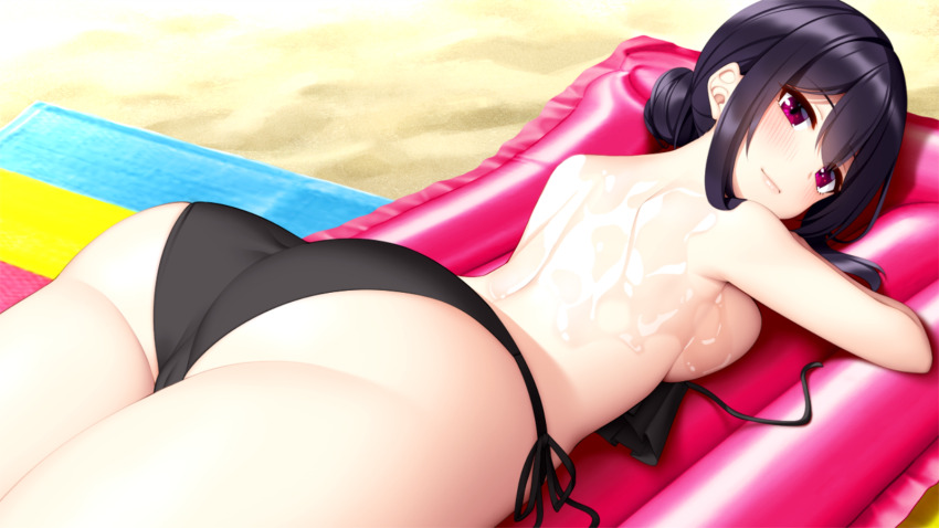 1girl armpits ass beach bikini blush breast_press breasts cameltoe closed_mouth embarrassed eyebrows_hidden_by_hair female_focus fujino_sakura game_cg go-1 hair_between_eyes hair_bun highres homemaid_sweet_pea large_breasts legs looking_back lotion lying on_stomach original outdoors purple_hair red_eyes sand smile solo string_bikini swimsuit thighs topless_female