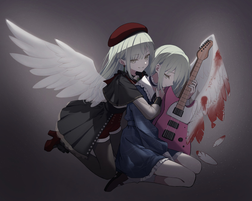2girls absurdres bang_dream! bang_dream!_it&#039;s_mygo!!!!! beret black_capelet black_thighhighs blood bloody_wings blue_dress capelet choker collared_dress commentary_request dress dual_persona earrings feathered_wings feathers frilled_choker frills full_body green_hair grey_background guitar hat high_heels highres holding holding_guitar holding_instrument hug hug_from_behind instrument jewelry kneeling lin_dong_zhiqing long_hair long_sleeves mortis_(bang_dream!) mortis_(costume)_(bang_dream!) mortis_(persona)_(bang_dream!) multiple_girls plaid_clothes plaid_dress red_footwear red_hat red_shorts see-through_clothes see-through_sleeves shared_wings shorts sidelocks simple_background single_wing sitting smile thighhighs wakaba_mutsumi white_wings wings yellow_eyes