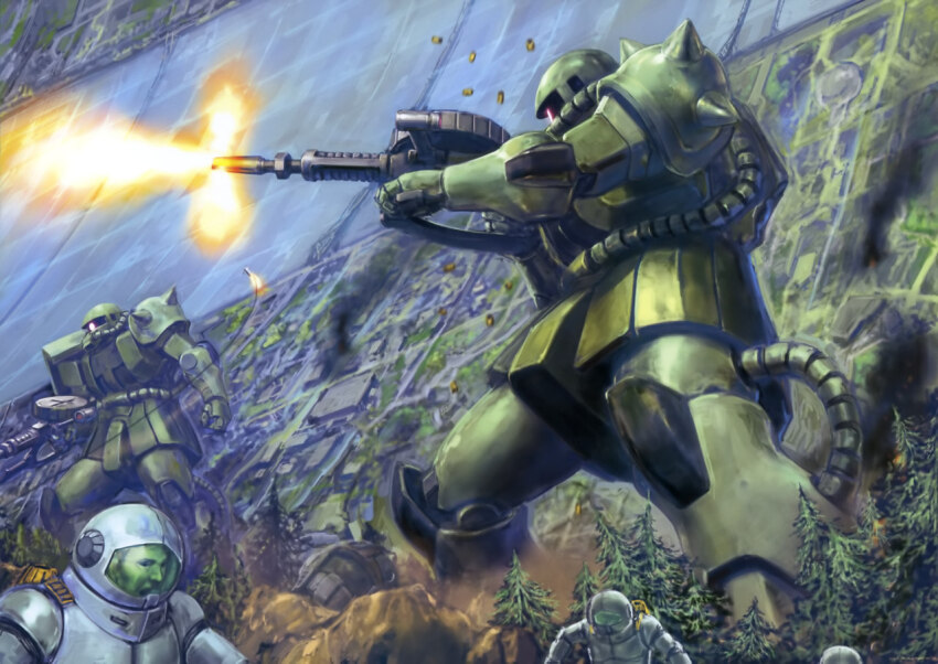 astronaut battle cable destruction dust_cloud earth_federation fleeing gun gundam gundam_perfect_file kinoshita_tomotake machine_gun machinery mecha mobile_suit_gundam o&#039;neill_cylinder official_art one-eyed realistic robot scan science_fiction scope smoke solar_panel space_habitat spacesuit traditional_media weapon zaku_ii zeon