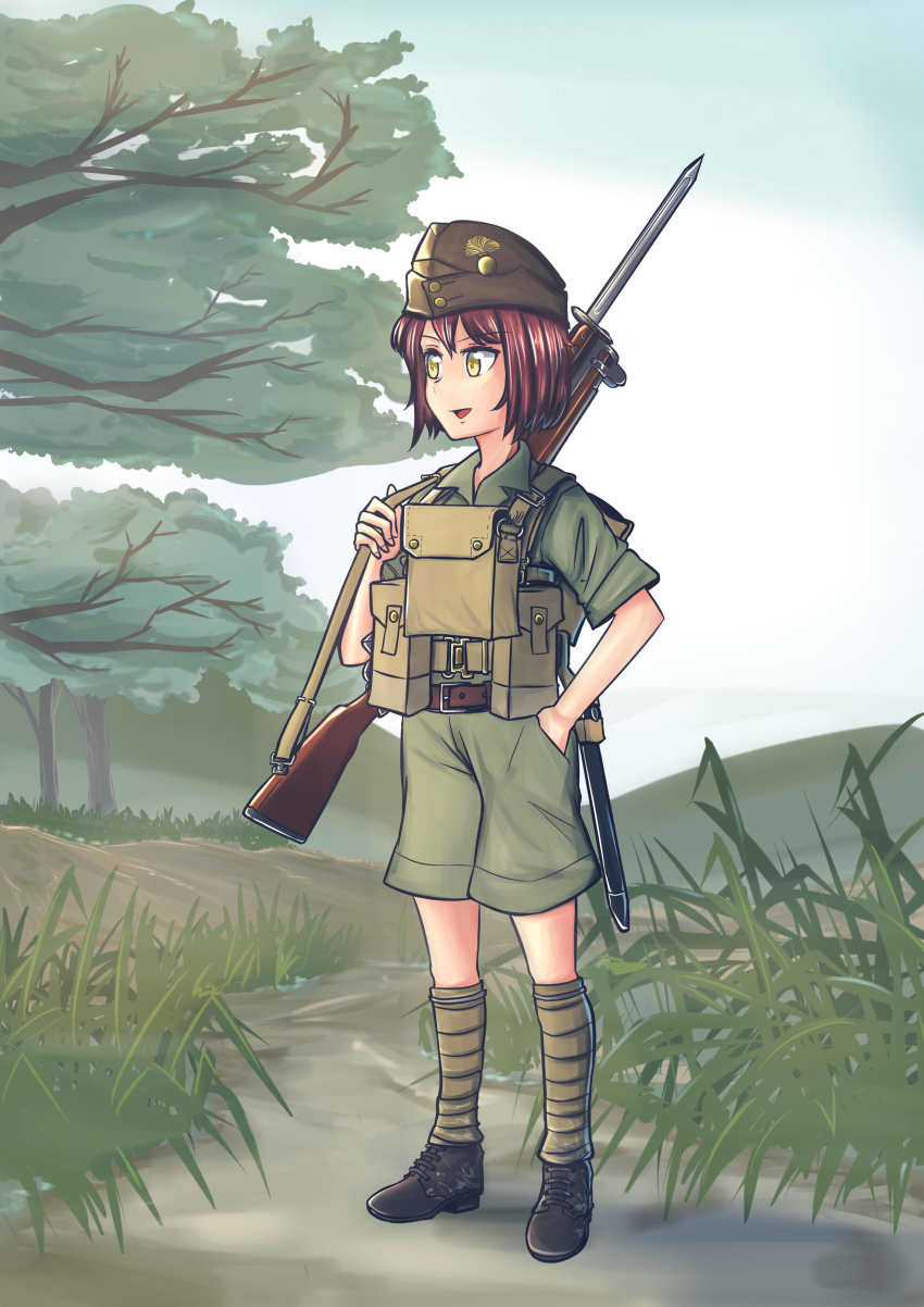 1girl absurdres bayonet black_footwear bolt_action boots brown_hair canadian_army garrison_cap green_shirt green_shorts gun hat highres lee-enfield load_bearing_equipment military military_uniform original puttee rifle shirt shorts standing warriordesu weapon world_war_ii