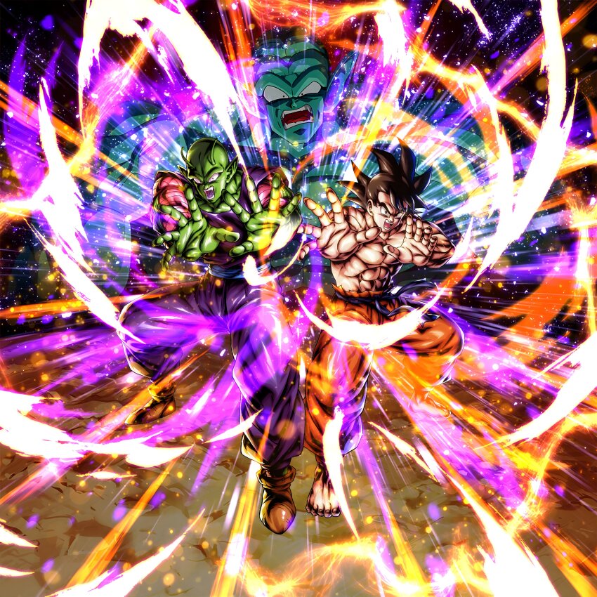 3boys absurdres black_hair colored_skin dragon_ball dragon_ball_legends garlic_jr. green_skin highres ki_blast multiple_boys muscular muscular_male official_art piccolo serious son_goku
