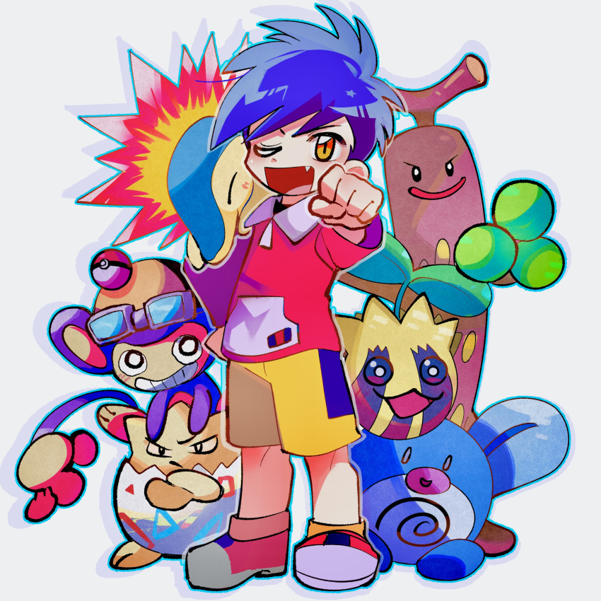 1boy ;d aipom clenched_hand commentary_request cyndaquil ethan_(pokemon) fang gen_1_pokemon gen_2_pokemon highres jacket knees long_sleeves looking_at_viewer male_focus nintendo one_eye_closed open_mouth pokemon pokemon_(creature) pokemon_adventures poliwag shoes short_hair shorts smile standing sudowoodo sunkern togepi umineko_skyblue yellow_shorts