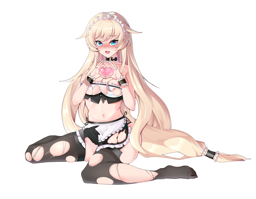 1girl absurdres alternate_costume apron areola_slip bandeau black_bandeau black_thighhighs blonde_hair blue_eyes blush breasts choker duotianshi.nian enmaided enterprise_(warship_girls_r) frilled_apron frilled_choker frills hair_flaps heart heart_hands highres large_breasts long_hair low-tied_long_hair maid maid_apron maid_headdress multicolored_bandeau multicolored_clothes navel nose_blush sitting solo thighhighs torn_apron torn_bandeau torn_clothes torn_thighhighs two-tone_bandeau very_long_hair waist_apron wariza warship_girls_r white_apron white_bandeau