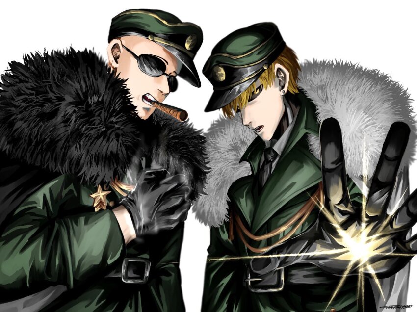 2boys black_gloves cigarette cyborg genos gintart000 glasses gloves hat male_focus military_uniform multiple_boys one-punch_man round_eyewear saitama_(one-punch_man) simple_background