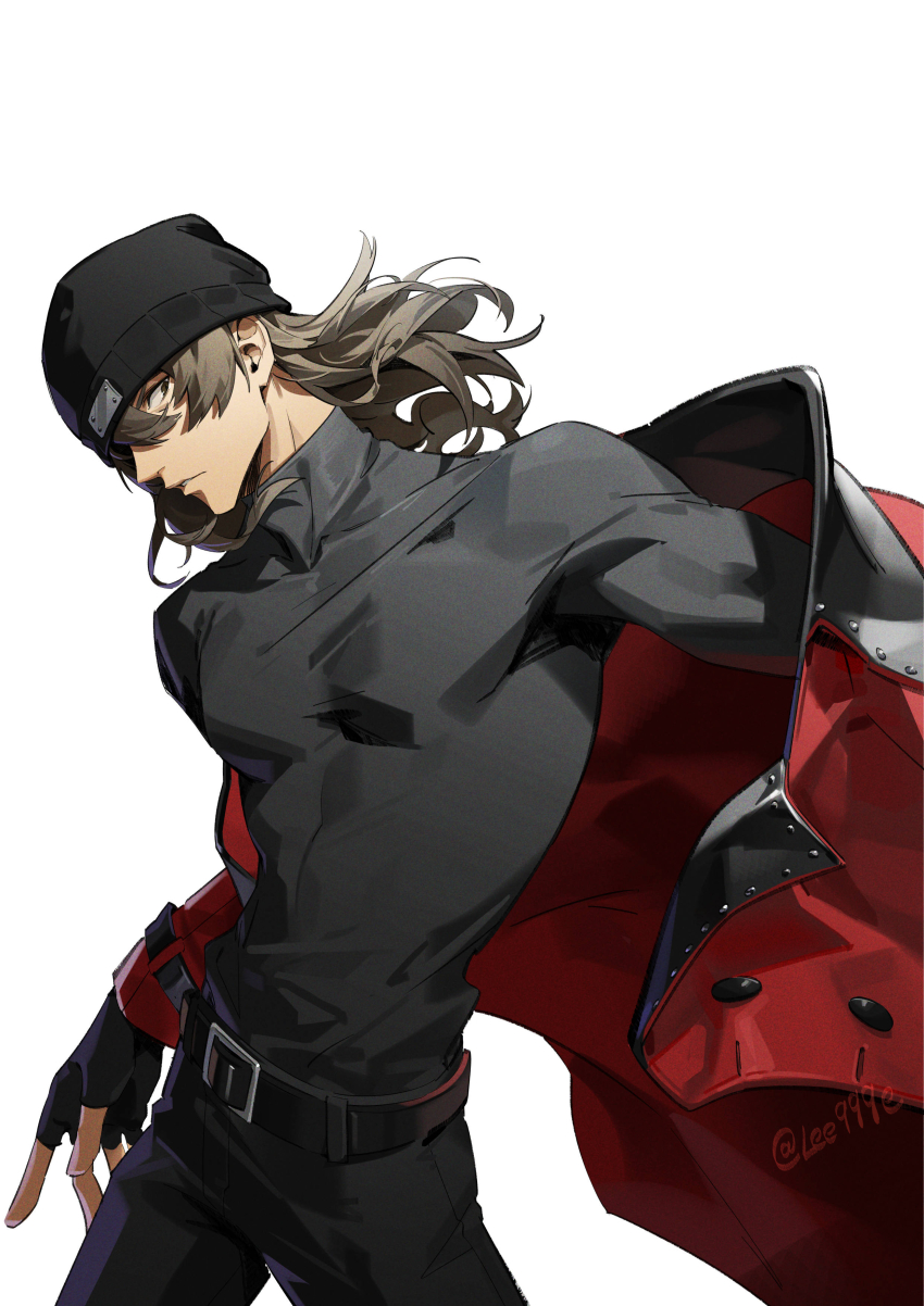 1boy absurdres aragaki_shinjirou beanie belt black_gloves black_hat black_pants black_sweater brown_eyes brown_hair coat fingerless_gloves gloves hair_between_eyes hat highres lee999nine long_hair male_focus open_clothes open_coat pants parted_lips persona persona_3 red_coat simple_background solo sweater turtleneck turtleneck_sweater white_background