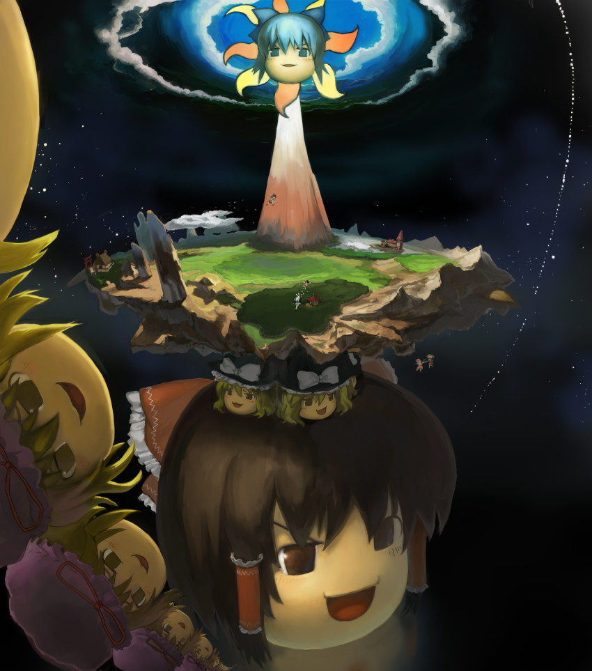 6+girls alice_margatroid bob_(biyonbiyon) cirno discworld dyson_ring epic female_focus flandre_scarlet gensokyo hakurei_reimu highres hong_meiling ibuki_suika inaba_tewi kirisame_marisa multiple_girls parody reisen_udongein_inaba remilia_scarlet scarlet_devil_mansion shameimaru_aya shanghai_doll shrine space surreal torii touhou what yakumo_yukari yukkuri_shiteitte_ne