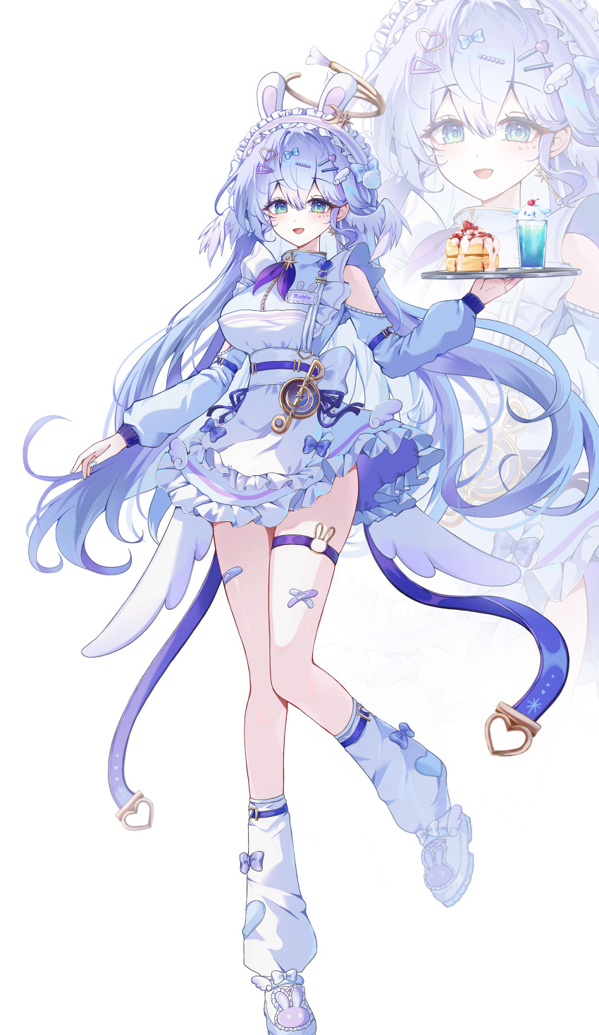 1girl absurdres alternate_costume apron bandaid bandaid_on_leg blue_dress blue_hair breasts cake commentary dress drink earrings food full_body green_eyes hair_ornament hairclip halo head_wings highres holding holding_plate honkai:_star_rail honkai_(series) jewel_under_eye jewelry leg_warmers long_hair maid maid_apron maid_headdress medium_breasts plate robin_(honkai:_star_rail) ronya_(ronya_s2) shoes simple_background standing standing_on_one_leg thigh_strap very_long_hair white_background white_leg_warmers white_shoes wings zoom_layer