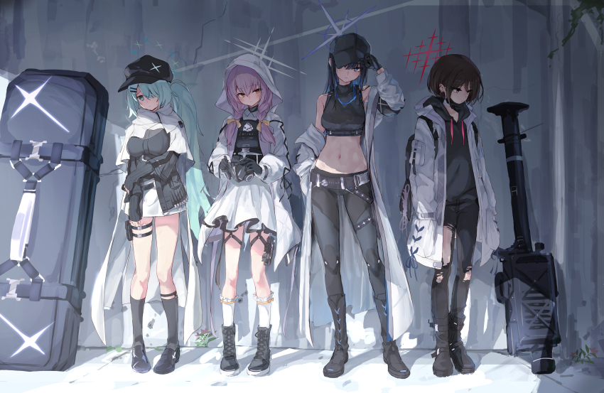 4girls absurdres armband atsuko_(blue_archive) backpack bag baseball_cap belt_boots black_footwear black_gloves black_hair black_headwear black_hoodie black_mask black_socks blue_archive blue_eyes blush boots braid brown_hair cabbie_hat closed_mouth commentary_request crop_top dress duplicate fim-92_stinger full_body gas_mask gloves green_eyes gun hair_over_one_eye hair_ribbon halo hands_in_pockets hat highres hiyori_(blue_archive) holding holding_mask holster hood hood_down hooded_jacket hoodie jacket kneehighs light_green_hair long_hair long_sleeves looking_at_viewer man-portable_air-defense_system mask mask_pull midriff misaki_(blue_archive) missile_launcher mouth_mask multiple_girls navel pants bulletproof_vest purple_hair red_eyes revision ribbon rocket_launcher saori_(blue_archive) scarf short_hair side_ponytail socks standing stomach surgical_mask thigh_holster torn_clothes torn_pants toshizou_(0714) turtleneck twin_braids unworn_mask weapon weapon_case white_dress white_jacket white_scarf white_socks yellow_ribbon