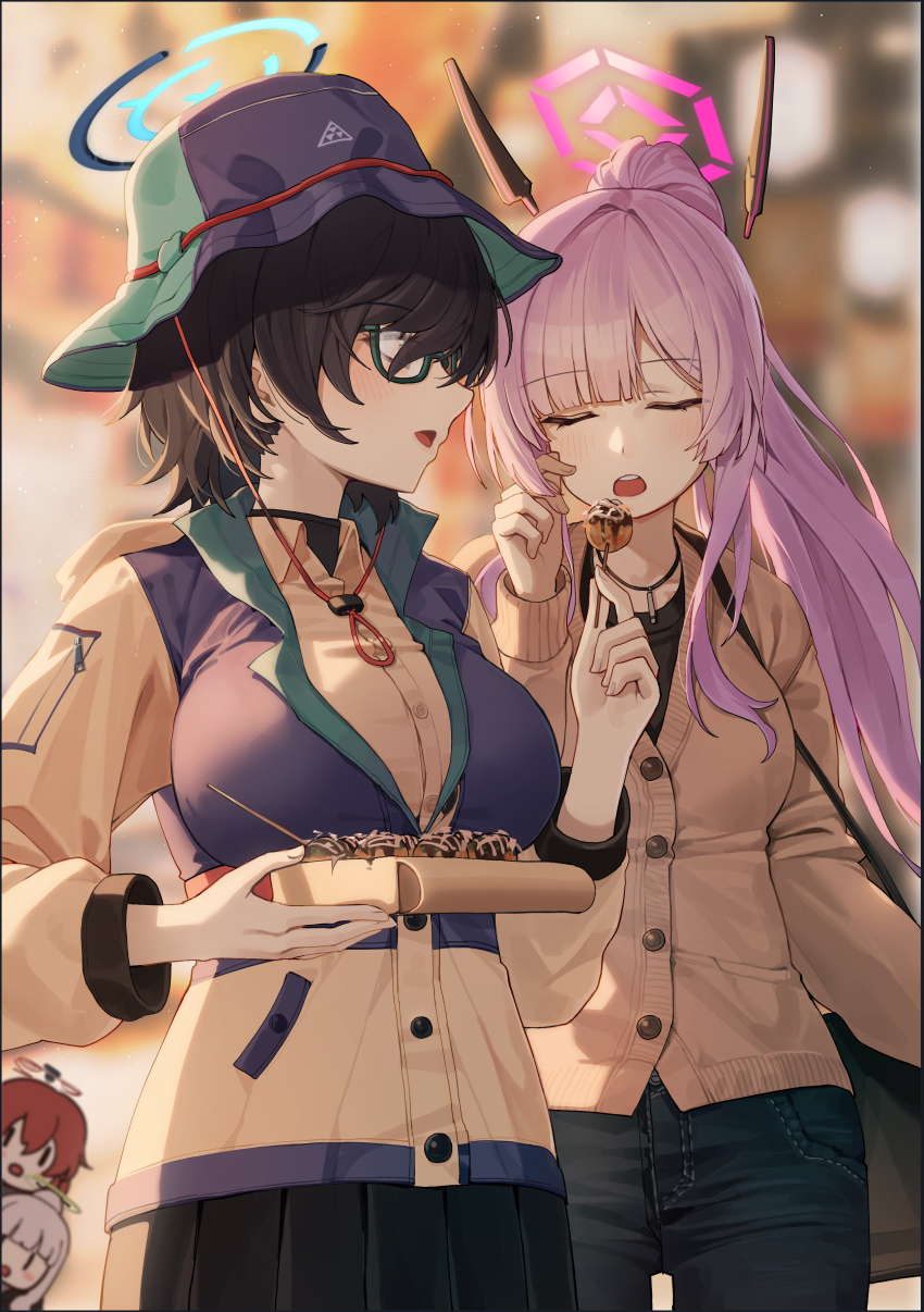 4girls :d absurdres alternate_costume bag black_hair black_skirt blue_archive blunt_bangs blurry brown_cardigan cardigan chibi chibi_inset chihiro_(blue_archive) chihiro_(camp)_(blue_archive) commentary_request depth_of_field feeding food glasses grey_hair hair_between_eyes halo hare_(blue_archive) hare_(camp)_(blue_archive) hat highres holding holding_skewer jewelry kokukyukeo long_hair long_sleeves looking_at_another maki_(blue_archive) maki_(camp)_(blue_archive) medium_hair multiple_girls necklace no_headwear official_alternate_costume official_alternate_hairstyle open_mouth outdoors peeking_out pendant pleated_skirt ponytail purple_hair red_eyes school_uniform semi-rimless_eyewear shoulder_bag sidelocks skewer skirt smile takoyaki utaha_(blue_archive) vest