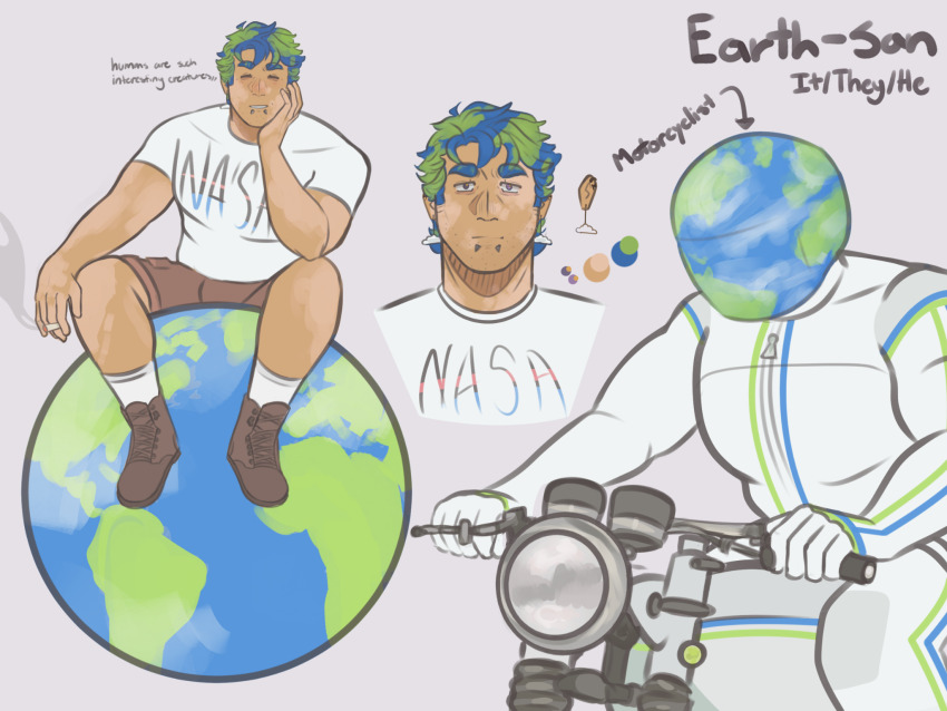 1boy artist_request bara bored collage cropped_torso earth-chan earth-san earth_(planet) earth_day english_text expressionless facial_hair full_body genderswap genderswap_(ftm) giant giant_male green_hair highres lip_piercing male_focus motorcycle multicolored_hair muscular muscular_male nasa object_head on_motorcycle original pectorals piercing planet print_shirt shirt short_hair short_shorts shorts sideburns_stubble sparse_stubble straight-on stubble t-shirt thick_eyebrows two-tone_hair