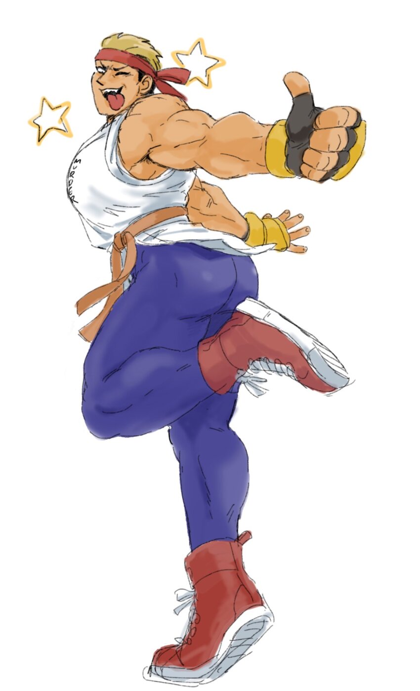 1boy ass cosplay fatal_fury fingerless_gloves full_body gloves headband highres leggings male_focus muscular muscular_male nyaattoberritto one_eye_closed ryuuko_no_ken short_hair solo the_king_of_fighters thumbs_up tongue tongue_out white_background yamazaki_ryuuji yuri_sakazaki yuri_sakazaki_(cosplay)