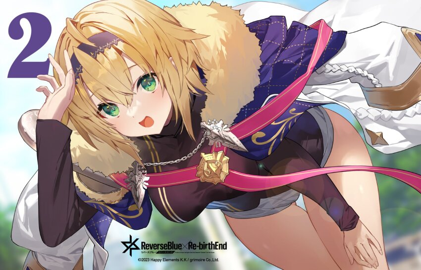 1girl amagasa_yun bent_over black_hairband black_shirt blonde_hair blurry blurry_background breasts cape chain character_request copyright_name copyright_notice fur-trimmed_cape fur_trim green_eyes hairband hand_on_own_thigh highres long_sleeves numbered open_mouth pink_ribbon reverseblue_x_re-birthend ribbon second-party_source shirt short_hair solo thigh_gap white_cape