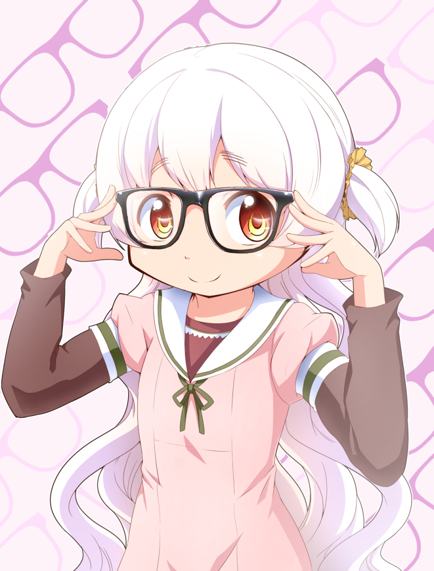 1girl abutomato adjusting_eyewear brown_eyes brown_shirt closed_mouth dress glasses gradient_background hair_ornament highres layered_sleeves long_hair long_sleeves looking_at_viewer mahou_shoujo_madoka_magica momoe_nagisa multicolored_eyes patterned_background pink_background pink_dress ringed_eyes sailor_collar sailor_dress shirt short_over_long_sleeves short_sleeves smile solo two_side_up upper_body very_long_hair white_hair white_sailor_collar