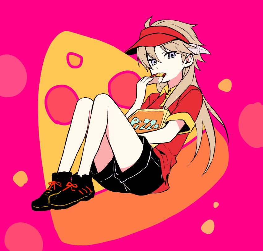 1girl 7100potechi black_shoes black_shorts brown_hair eating food full_body genderswap genderswap_(mtf) hair_between_eyes hand_up hat highres holding holding_food horns hyuse knees_up light_brown_hair long_hair looking_at_viewer pizza pizza_box pizza_slice polo_shirt red_hat red_shirt shirt shoes short_sleeves shorts sneakers solo visor_cap world_trigger