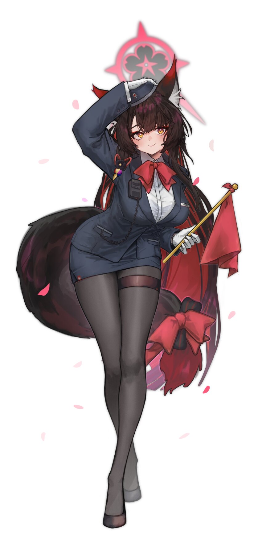 1girl absurdres animal_ear_fluff animal_ears black_hair blue_archive crossed_legs eyeliner falling_petals halo high_heels highres jacket long_hair makeup miniskirt multicolored_hair orange_eyes pantyhose pencil_skirt petals radio red_eyeliner red_hair red_ribbon ribbon shirt signal_flag skirt smile solo suit_jacket tail tail_ornament tail_ribbon thigh_strap tsubaki_(blue_archive) tsubaki_(guide)_(blue_archive) two-tone_hair wakamo_(blue_archive) watson_cross white_background white_shirt wolf_ears wolf_tail yacchi_(yxxrem)