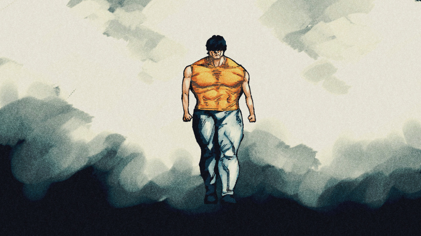 1boy black_hair byackopath_(artist) hair_over_eyes highres inversion kick_back_(song) male_focus muscular muscular_male parody sleeveless solo walking yonezu_kenshi_(person)