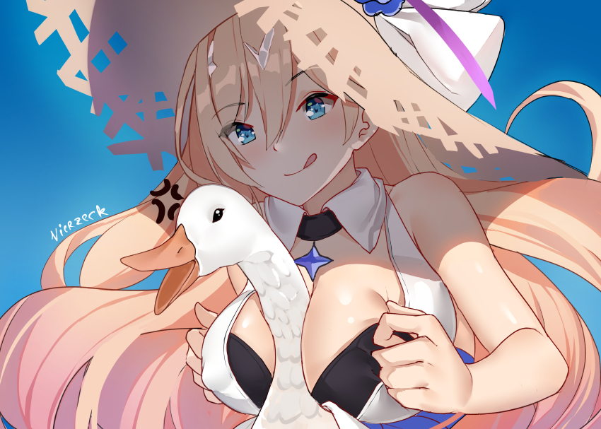 1girl :q absurdres anger_vein artist_name bare_shoulders between_breasts durandal_(honkai_impact) bikini bird black_bikini black_choker blonde_hair blue_background blue_eyes blush bow breasts choker closed_mouth commentary detached_collar duck floating_hair gradient_background hair_between_eyes hat highres honkai_(series) honkai_impact_3rd jewelry large_breasts long_hair looking_at_viewer skindentation smile solo straw_hat sun_hat swan swimsuit tongue tongue_out upper_body very_long_hair vierzeck white_bow wing_collar