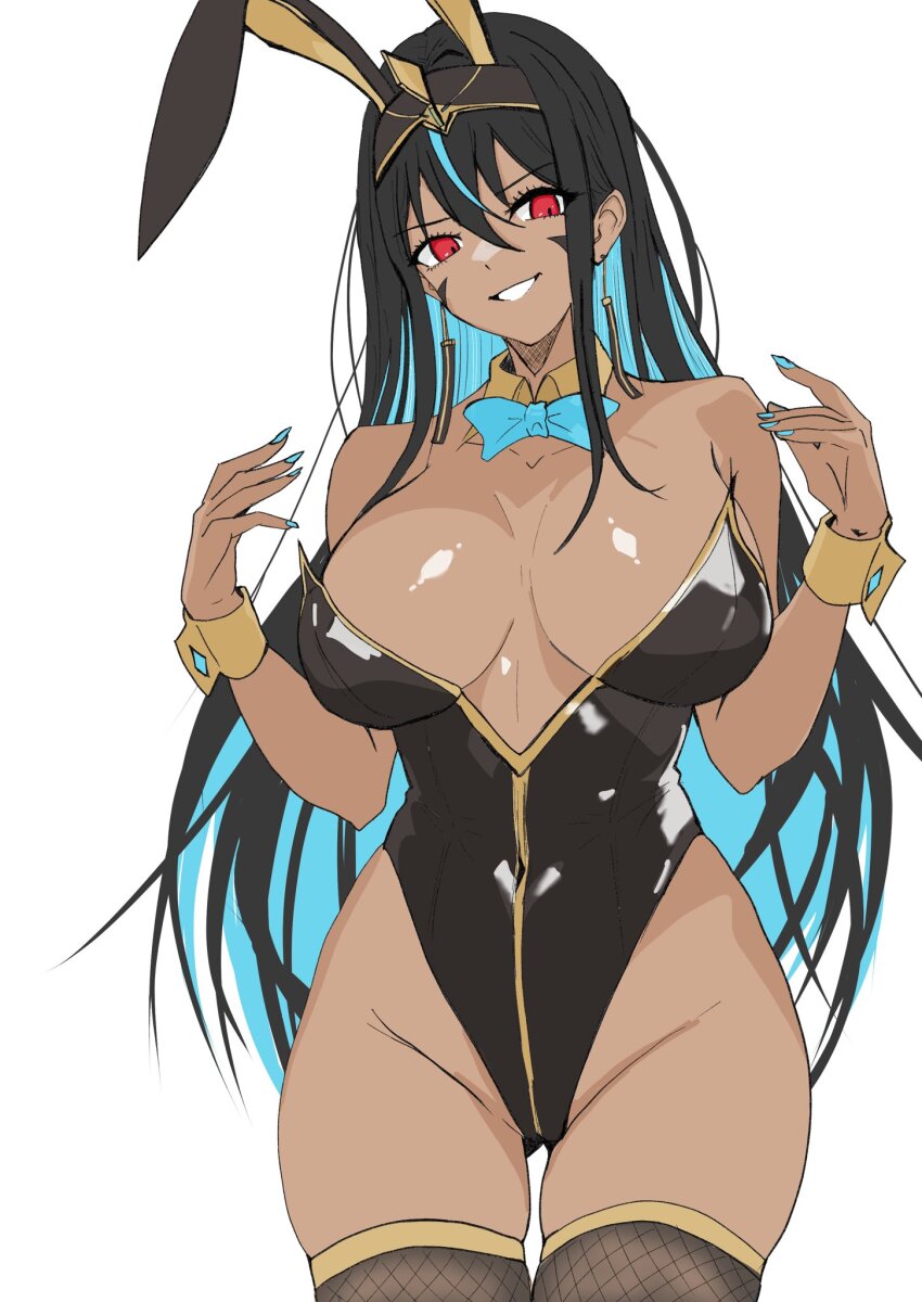 1977_oj3 1girl alternate_costume animal_ear_hairband animal_ears bare_shoulders black_hair black_leotard blue_bow blue_bowtie blue_hair blue_nails bow bowtie breasts collarbone colored_inner_hair covered_navel dark-skinned_female dark_skin detached_collar earrings facial_mark fake_animal_ears fishnet_thighhighs fishnets goddess_of_victory:_nikke gold_collar gold_trim gold_wrist_cuffs hair_between_eyes hairband hands_up headgear highleg highleg_leotard highres indivilia_(nikke) jewelry large_breasts leotard long_hair looking_at_viewer multicolored_hair nail_polish playboy_bunny rabbit_ear_hairband rabbit_ears red_eyes simple_background smile solo strapless strapless_leotard streaked_hair tassel tassel_earrings thigh_gap thighhighs thighs traditional_bowtie very_long_hair white_background wrist_cuffs