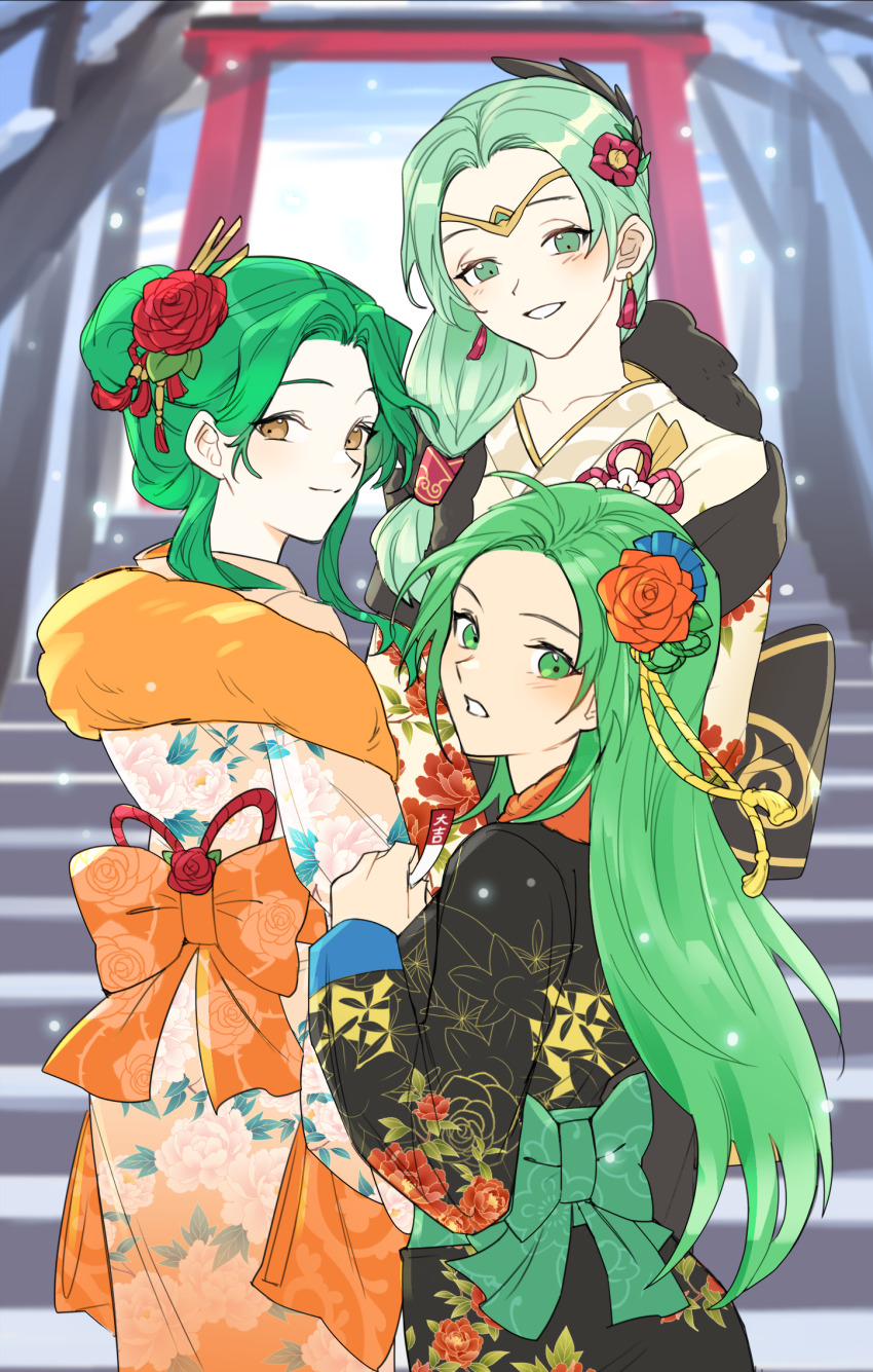 3girls alternate_costume black_kimono brown_eyes character_request commentary_request cowboy_shot earrings elincia_ridell_crimea fire_emblem fire_emblem:_path_of_radiance fire_emblem:_radiant_dawn floral_print flower forehead green_eyes green_hair hair_flower hair_ornament highres japanese_clothes jewelry kimono long_hair long_sleeves multiple_girls nephenee_(fire_emblem) nintendo orange_kimono outdoors red_flower sigrun_(fire_emblem) silvercandy_gum torii white_kimono