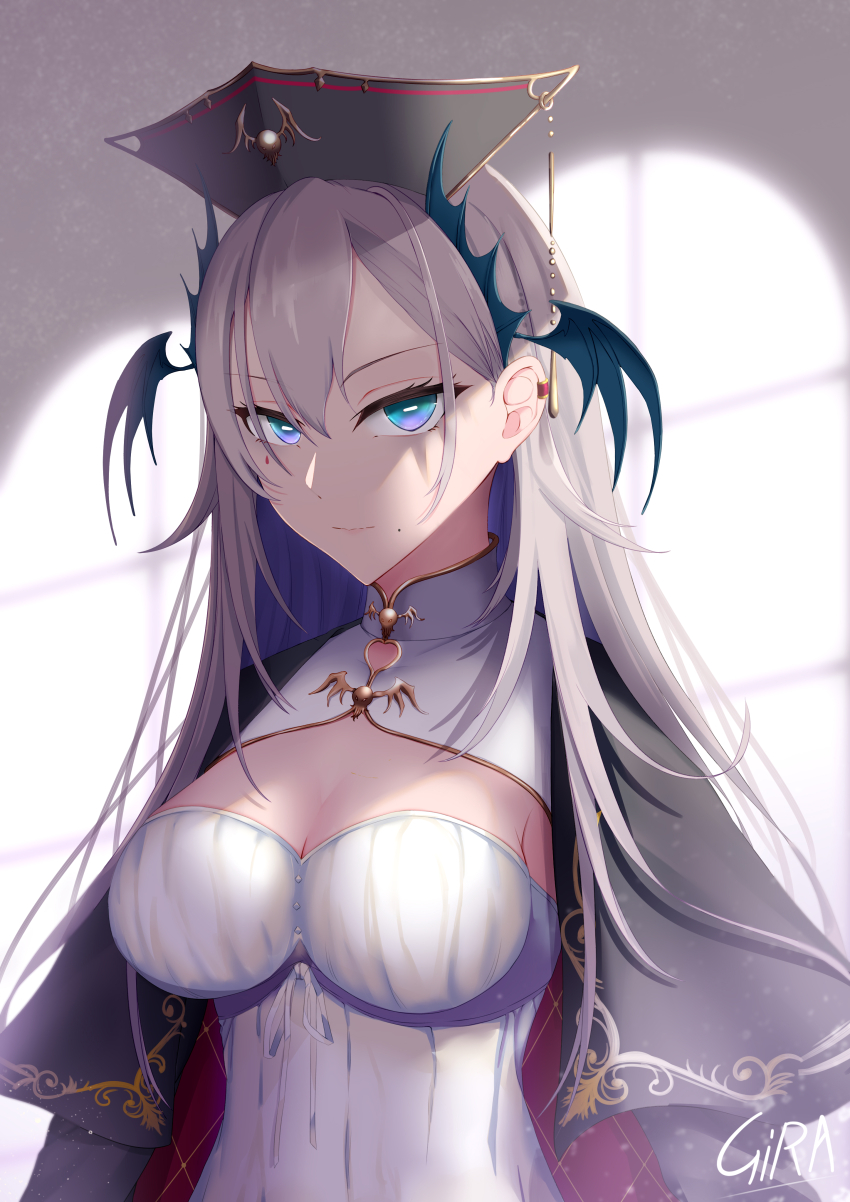 1girl absurdres artist_name black_cape black_headwear blue_eyes breasts bright_pupils cape cleavage cleavage_cutout closed_mouth clothing_cutout dress girarikyo head_wings highres horizontal_pupils iida_pochi._(vtuber) indie_virtual_youtuber large_breasts long_hair mole mole_under_mouth pochimaru_(vtuber) pochimaru_(vtuber)_(4th_costume) ribbon solo teardrop_facial_mark virtual_youtuber white_dress white_pupils white_ribbon wings