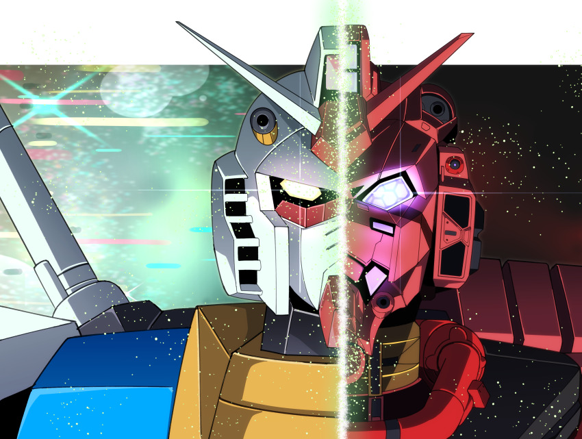 absurdres bilingual_commentary commentary commentary_request english_commentary glowing glowing_eye gundam gundam_gquuuuuux highres light_particles looking_at_viewer mecha mecha_focus mixed-language_commentary mobile_suit mobile_suit_gundam nkeo no_humans purple_eyes red_gundam robot rx-78-2_gundam science_fiction spoilers upper_body v-fin yellow_eyes zeknova
