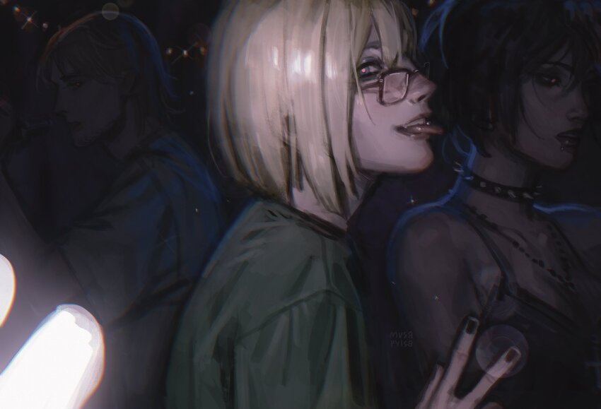 1girl 2boys alcohol alternate_universe armin_arlert artist_name black_choker black_hair black_nails blonde_hair bob_cut bottle choker commentary drinking english_commentary glasses goth_fashion green_shirt highres holding holding_bottle jean_kirstein jewelry mikasa_ackerman multiple_boys musapylsa necklace piercing rectangular_eyewear shingeki_no_kyojin shirt short_hair solo_focus spiked_choker spikes teeth tongue tongue_out tongue_piercing upper_teeth_only