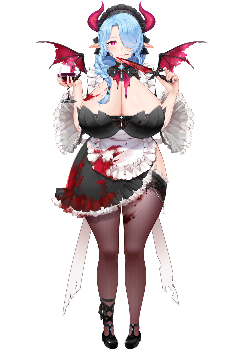 1girl absurdres animal_ears apron black_dress black_nails black_shoes blood blood_on_breasts blood_on_clothes blood_on_face bloody_knife blue_hair braid breasts bright_pupils cleavage closed_mouth cow_ears cow_girl cow_horns cow_tail cream_cod cup dress drinking_glass frilled_apron frilled_dress frills hair_over_one_eye hair_over_shoulder hair_tubes highres holding holding_cup holding_knife horns huge_breasts indie_virtual_youtuber knife long_hair maid maid_headdress miilkywayz mole mole_on_breast mole_under_mouth official_alternate_eye_color official_art pink_eyes pink_horns shoes single_hair_tube smile solo tachi-e tail thighhighs transparent_background virtual_youtuber white_apron wings