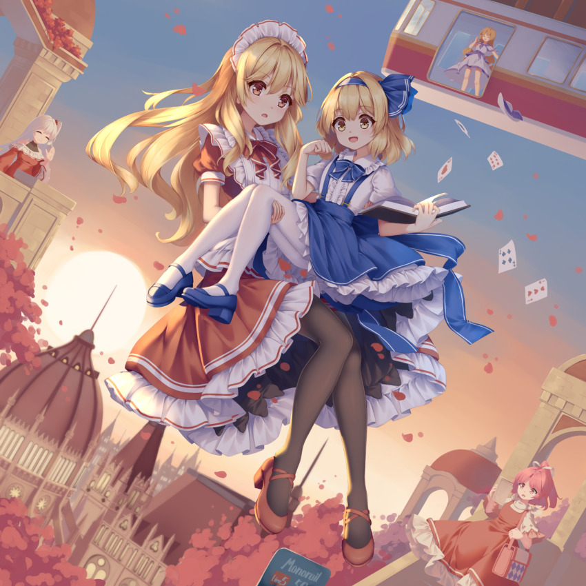 4girls ace_(playing_card) ace_of_hearts aged_down alice_margatroid alice_margatroid_(pc-98) bag blonde_hair blue_bow blue_bowtie blue_hairband blue_shoes blue_skirt book bow bowtie brown_pantyhose building card carrying chinese_commentary closed_eyes closed_mouth club_(shape) collared_shirt commentary dress floating_card frilled_shirt_collar frilled_skirt frills grey_hair hair_bobbles hair_ornament hair_ribbon hairband heart highres holding holding_book long_hair long_sleeves louise_(touhou) maid maid_headdress mechrailgun multiple_girls no_headwear one_side_up open_book open_mouth outdoors pantyhose pink_hair playing_card princess_carry puffy_short_sleeves puffy_sleeves red_bow red_bowtie red_dress red_shoes ribbon sara_(touhou) shinki_(touhou) shirt shoes short_sleeves shoulder_bag skirt smile sun suspender_skirt suspenders touhou touhou_(pc-98) unworn_headwear very_long_hair white_dress white_pantyhose white_ribbon white_shirt yellow_eyes yumeko_(touhou)
