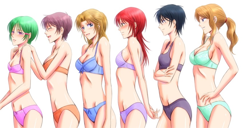 6+girls amou_ami aqua_panties arms_behind_back black_hair blue_bra blue_eyes blue_panties bonnie_(rsg) bra breasts brown_hair character_request closed_eyes crossed_arms fuyuumi_shoko green_bra green_hair grey_panties hands_on_another&#039;s_shoulders hino_kahoko kobayashi_nao la_corda_d&#039;oro medium_breasts mori_manami multiple_girls navel orange_bra orange_panties panties ponytail profile purple_bra purple_eyes purple_panties red_hair short_hair small_breasts sports_bra standing takato_mio underwear
