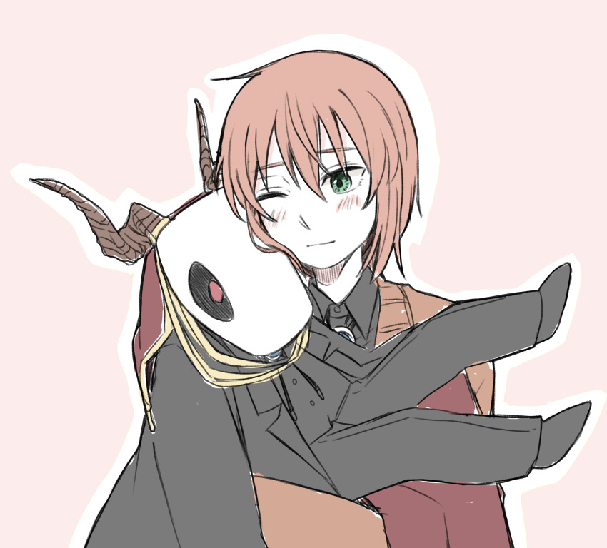 1boy 1girl absurdres animal_head animal_skull black_coat black_pants black_shirt blush chibi coat delfuze green_eyes hatori_chise highres horns jacket long_sleeves mahou_tsukai_no_yome one_eye_closed orange_hair pants shirt skull_head yellow_jacket