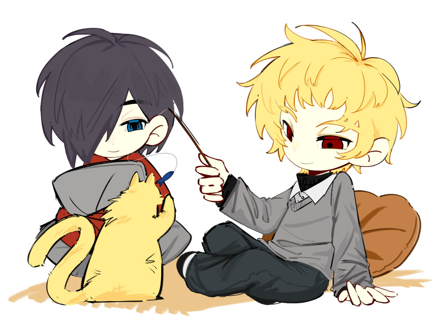 2boys absurdres aiba_ibuki alternate_costume atou_haruki black_hair black_pants black_shoes black_sweater blonde_hair blue_eyes cat cat_teaser chikana. chinese_commentary closed_mouth collared_shirt commentary_request deformed grey_pants grey_sweater hair_over_one_eye highres holding holding_cat_teaser holding_pillow long_sleeves male_focus multiple_boys pants pillow red_eyes red_shirt saibou_shinkyoku shirt shoes short_hair sitting smile sweater uri_(saibou_shinkyoku) white_shirt yellow_cat