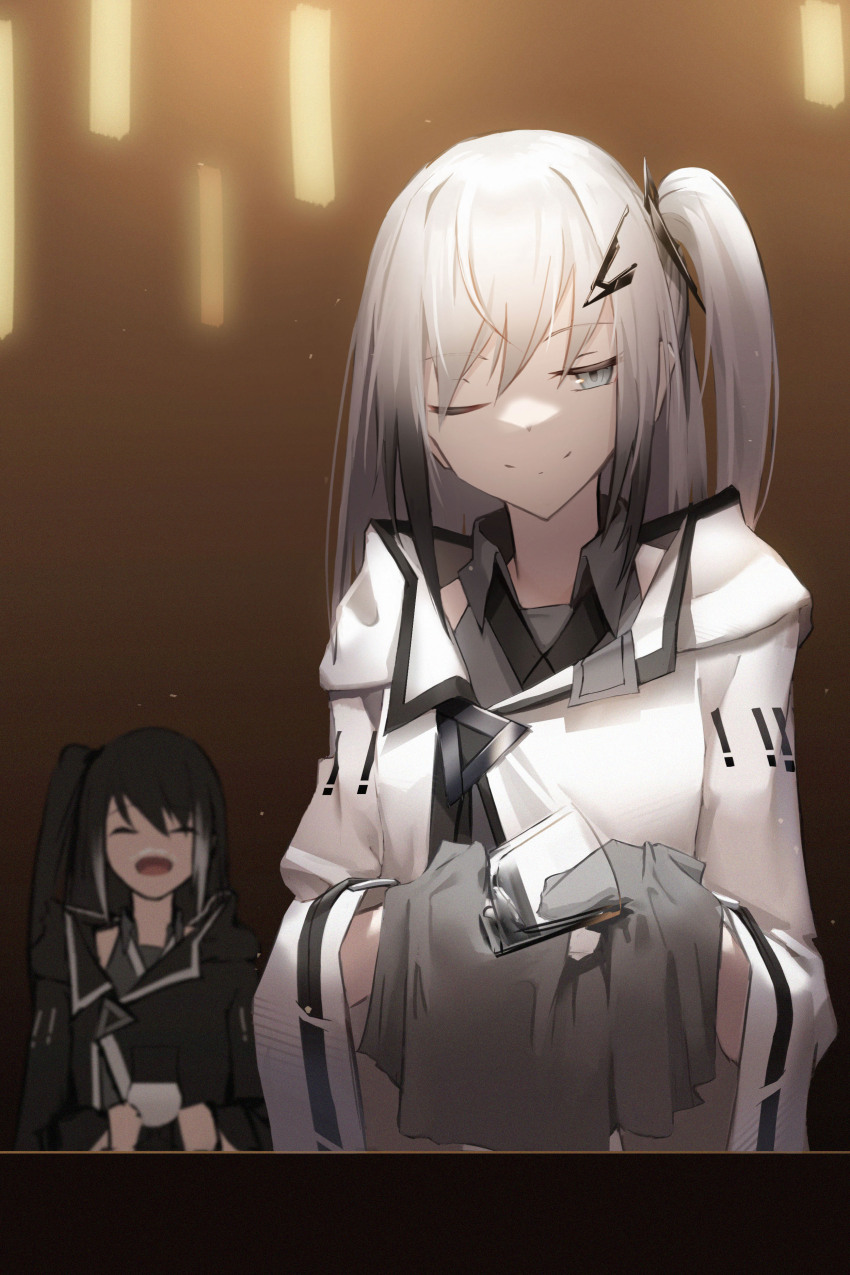 2girls :d absurdres allial_(coefont) arms_at_sides black_hair black_jacket closed_mouth coefont counter cup drinking_glass drying gradient_hair hair_ornament hairclip highres holding holding_cup holding_towel hood hood_down hooded_jacket indoors jacket lodbyy long_hair looking_at_viewer milk_mustache millial_(coefont) multicolored_hair multiple_girls one_eye_closed open_mouth siblings side_ponytail sidelocks sisters smile solo_focus swept_bangs towel upper_body white_hair