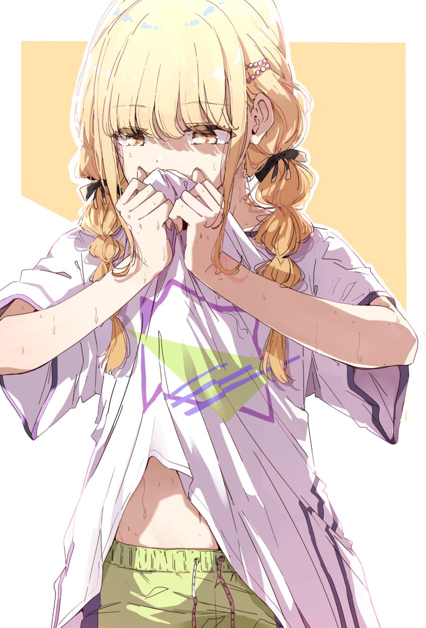 1girl black_ribbon blonde_hair braid commentary cowboy_shot drawstring fujita_kotone gakuen_idolmaster green_shorts hair_ribbon highres idolmaster long_hair midriff_peek navel nyoijizai orange_background ribbon shirt shorts simple_background smelling smelling_clothes solo t-shirt twin_braids two-tone_background white_background white_shirt yellow_eyes