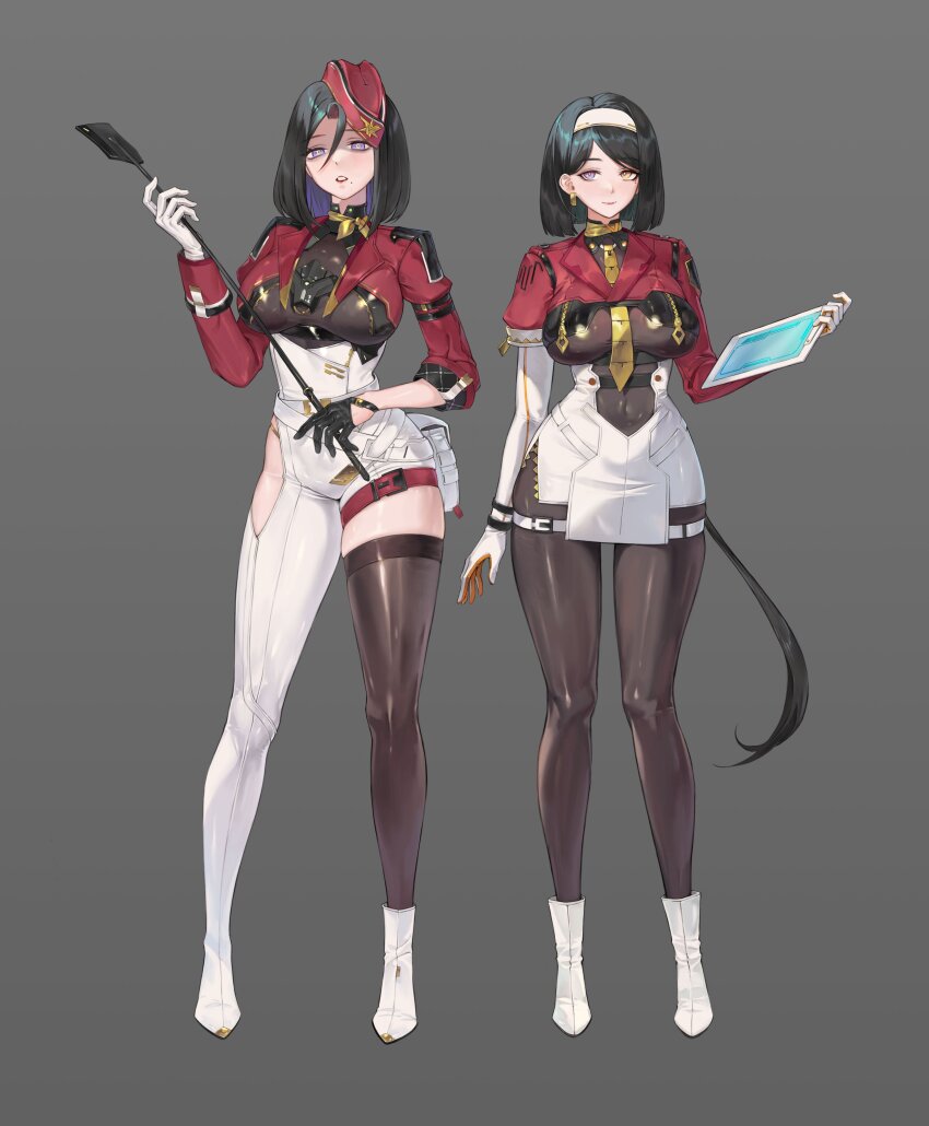 2girls absurdres asymmetrical_gloves asymmetrical_legwear asymmetrical_sleeves black_gloves black_hair black_pantyhose black_thighhighs bright_pupils clothing_cutout earrings elbow_gloves garrison_cap gloves hair_between_eyes hairband hat heterochromia highres holding holding_tablet_pc jewelry kirr_rr long_hair mismatched_gloves mismatched_sleeves multicolored_gloves multiple_girls original pantyhose purple_eyes riding_crop single_thighhigh tablet_pc thigh_cutout thighhighs uneven_sleeves white_gloves white_hairband