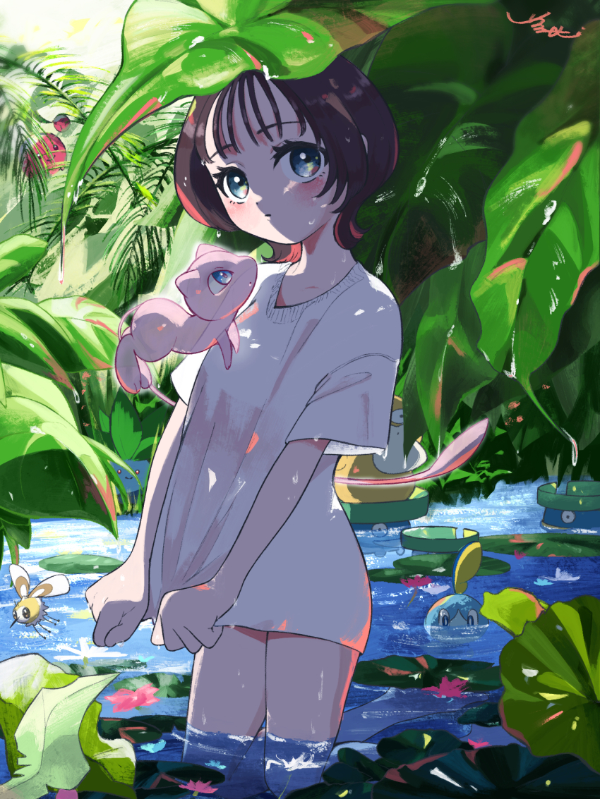 1girl blue_eyes blush bottomless brown_hair cherubi closed_mouth commentary cutiefly day eyelashes gen_1_pokemon gen_3_pokemon gen_4_pokemon gen_7_pokemon gen_8_pokemon highres leaf legendary_pokemon lotad mew_(pokemon) mythical_pokemon nintendo oddish outdoors pokemon pokemon_(creature) psyduck riding riding_pokemon shirt short_hair short_sleeves signature sobble standing surumeika_(ninfiiiir) symbol-only_commentary wading water wet wet_clothes wet_shirt white_shirt