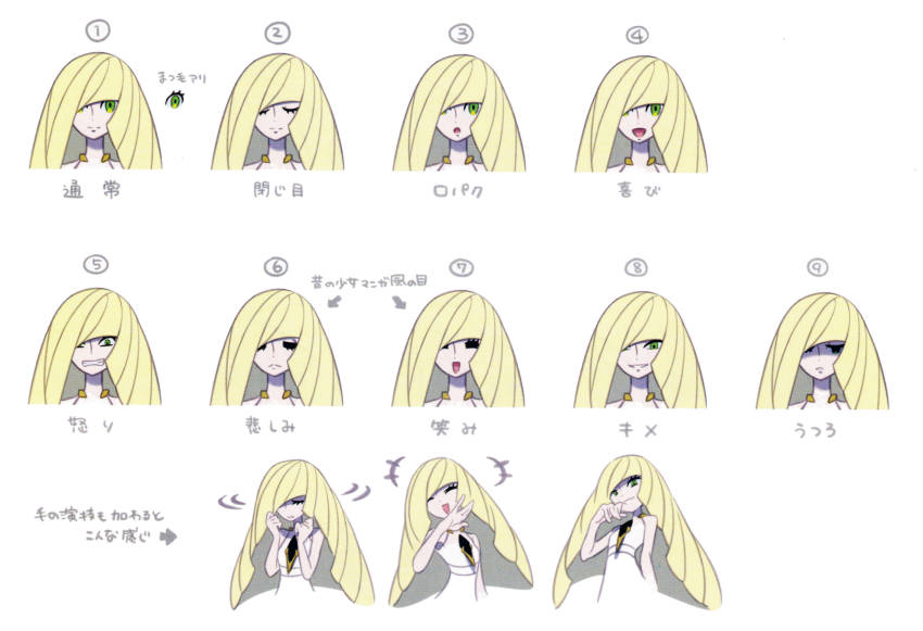 1girl absurdres blonde_hair facial_expressions green_eyes highres laughing long_hair lusamine_(pokemon) mature_female multiple_expressions nintendo official_art pokemon pokemon_sm reference_sheet smile smirk