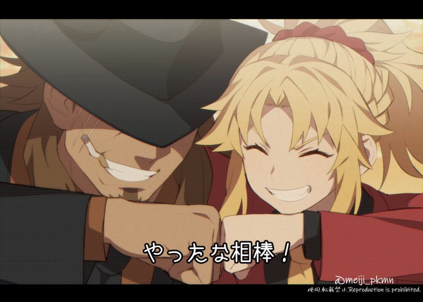 1boy 1girl black_headwear black_jacket black_shirt blonde_hair braid brown_hair cigarette closed_eyes fang fate/apocrypha fate_(series) fist_bump grin hair_ornament hair_scrunchie jacket letterboxed long_hair long_sleeves medium_hair meiji_ken men_in_black mordred_(fate) mordred_(fate/apocrypha) necktie orange_background orange_shirt ponytail red_jacket red_scrunchie scar scrunchie shirt shishigou_kairi smile teeth twitter_username
